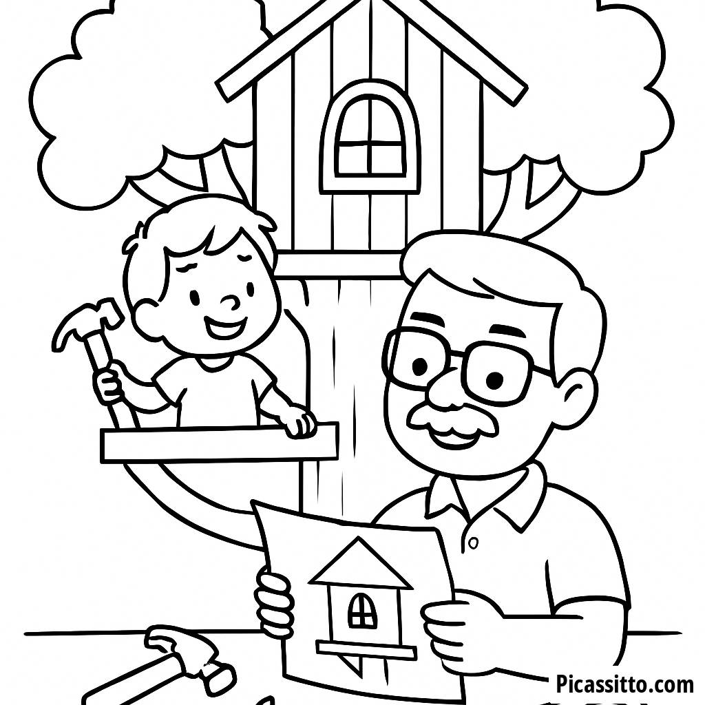 Página para Colorear de Papá e Hijo Construyendo una Casa en el Árbol