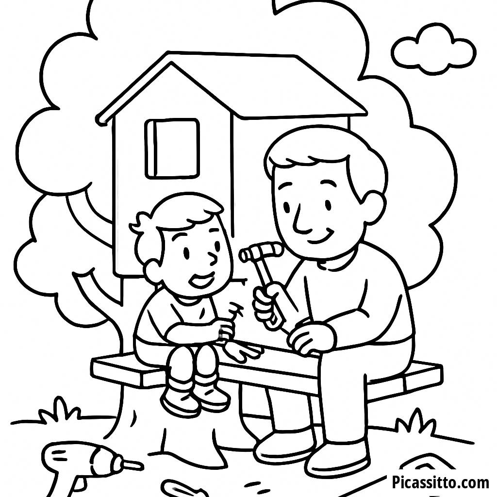 Ausmalbild: Vater und Kind Bauen ein Baumhaus