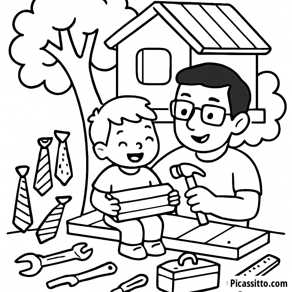 Page à Colorier : Un Père et Son Enfant Construisant une Cabane dans l'Arbre