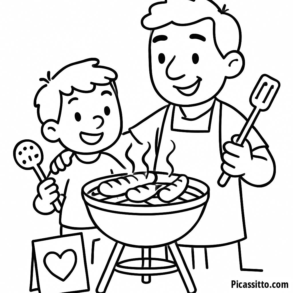 Malvorlage zum Vatertag: Papa und Kind beim Grillen