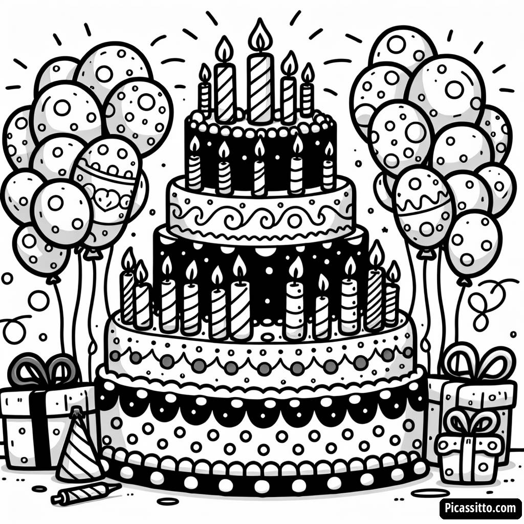 Pagina da Colorare con Torta di Compleanno Festiva