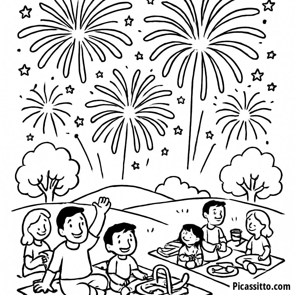 Pagina da Colorare di Fuochi d'Artificio Festivi per il Giorno dell'Indipendenza