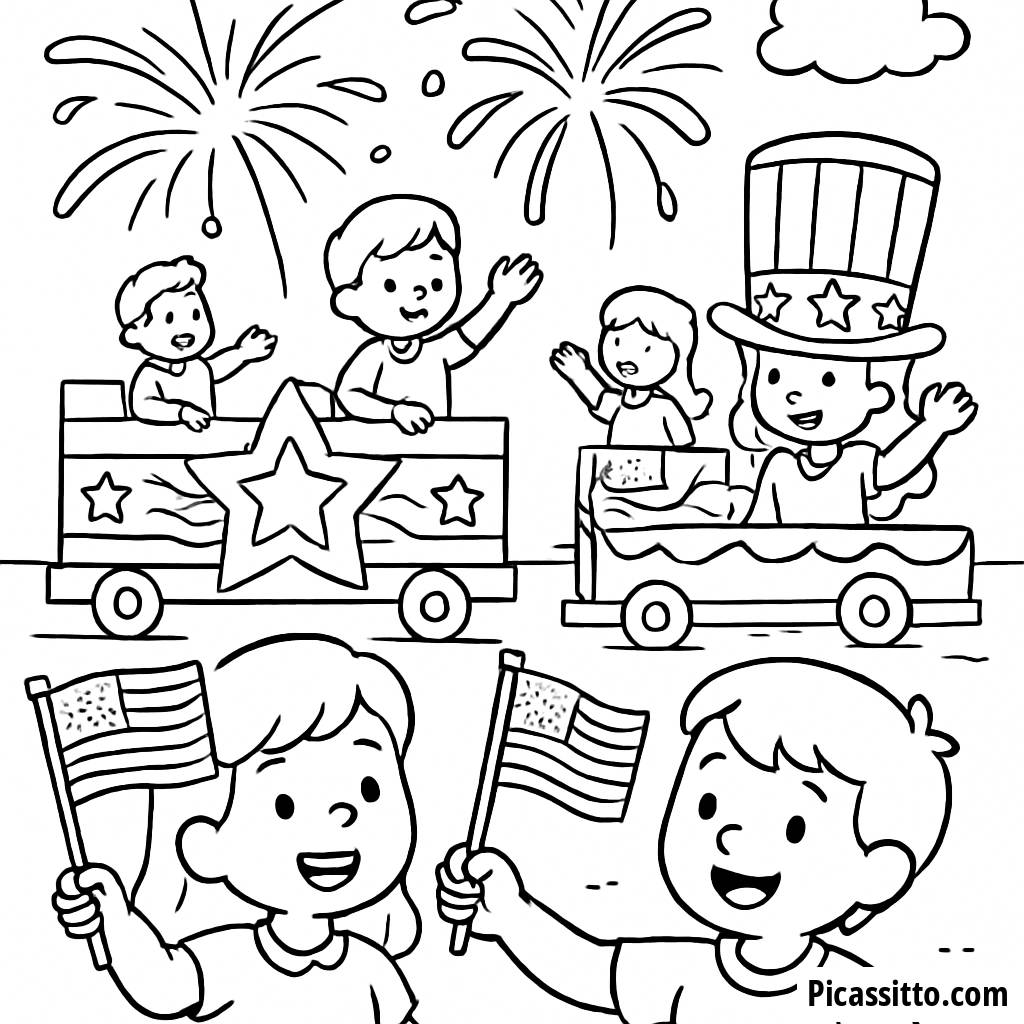Festive Parade Ausmalbild: Kinder Winken Mit Amerikanischen Flaggen