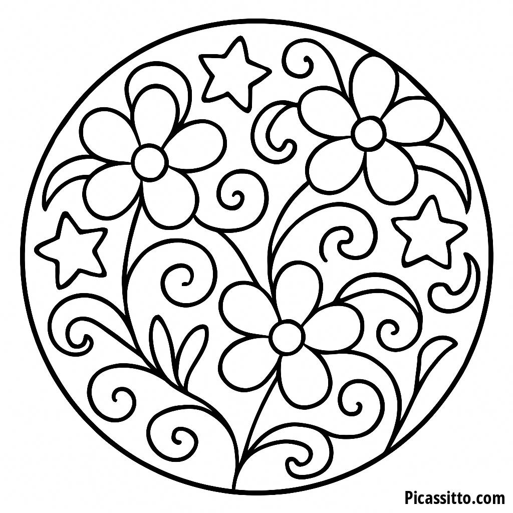 Pagina da Colorare Mandala di Fiori e Stelle