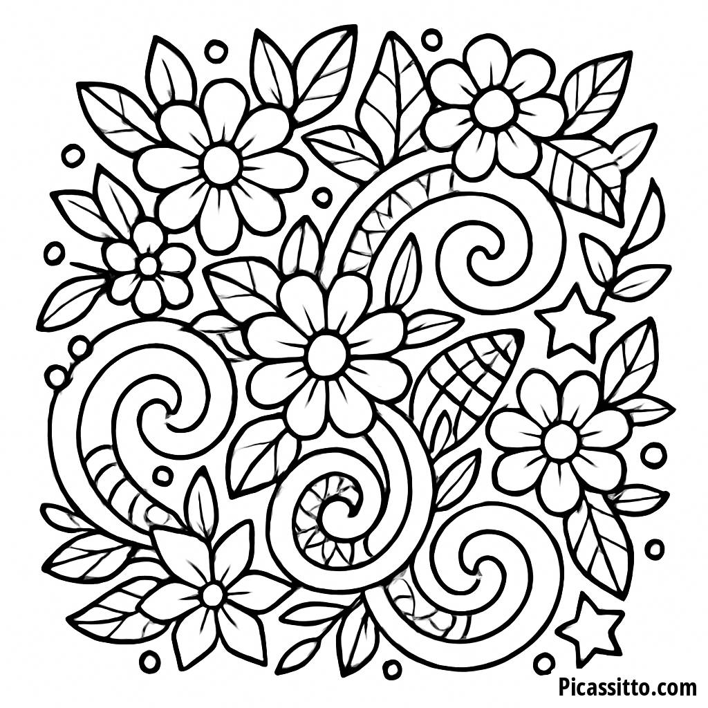 Page à Colorier Mandala de Fleurs et d'Étoiles