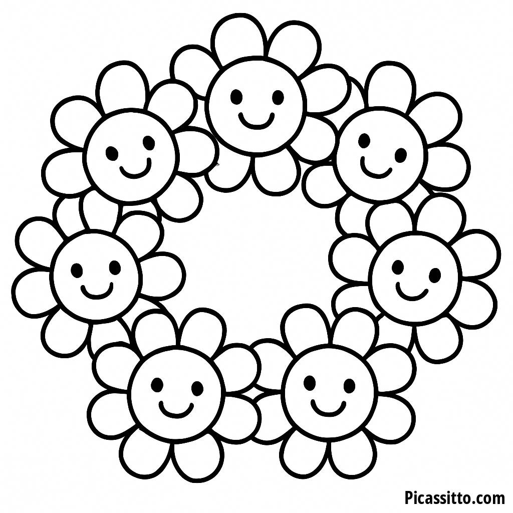Página para Colorir Círculo de Flores Sorridentes