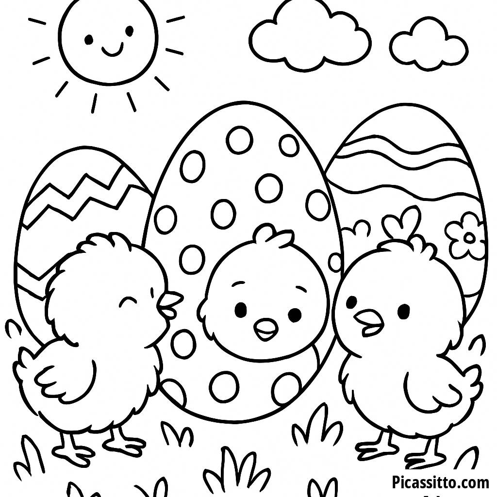Página para Colorear de Pollitos Esponjosos: Escondite Entre Huevos de Pascua