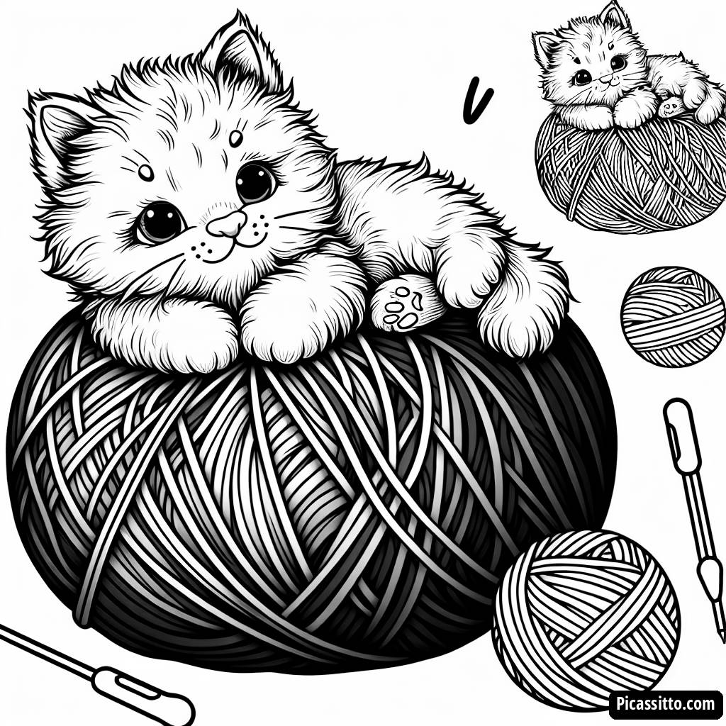Página para Colorear de Gatito Esponjoso en un Ovillo de Lana Colorido
