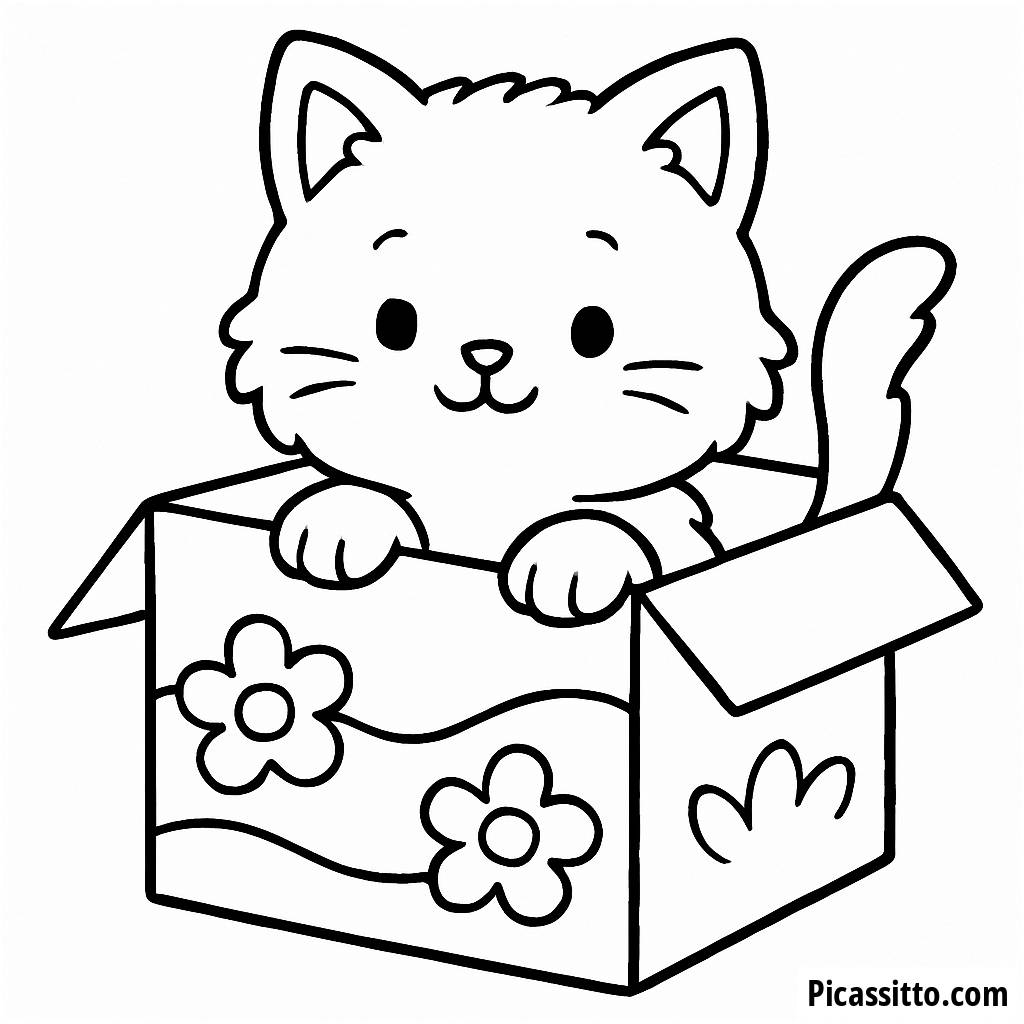 Fluffy Kitten Peeking from a Colorful Box - Free Coloring Page