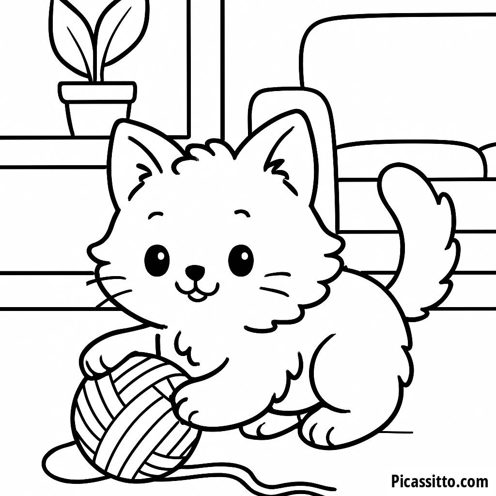 Gatito Esponjoso Jugando con Hilo - Página para Colorear Gratis