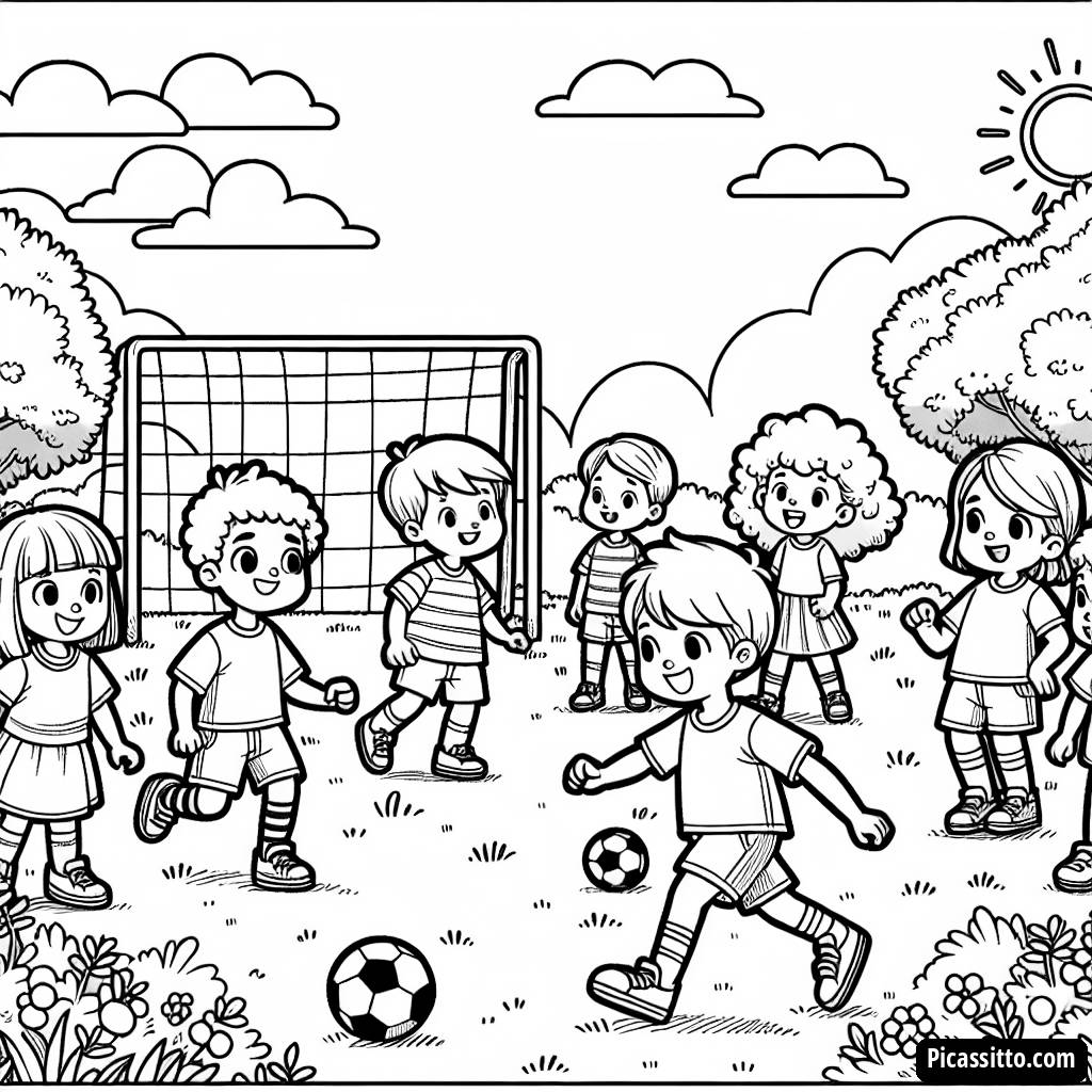 Free Printable Coloring Page of Friends Playing Soccer in the Park