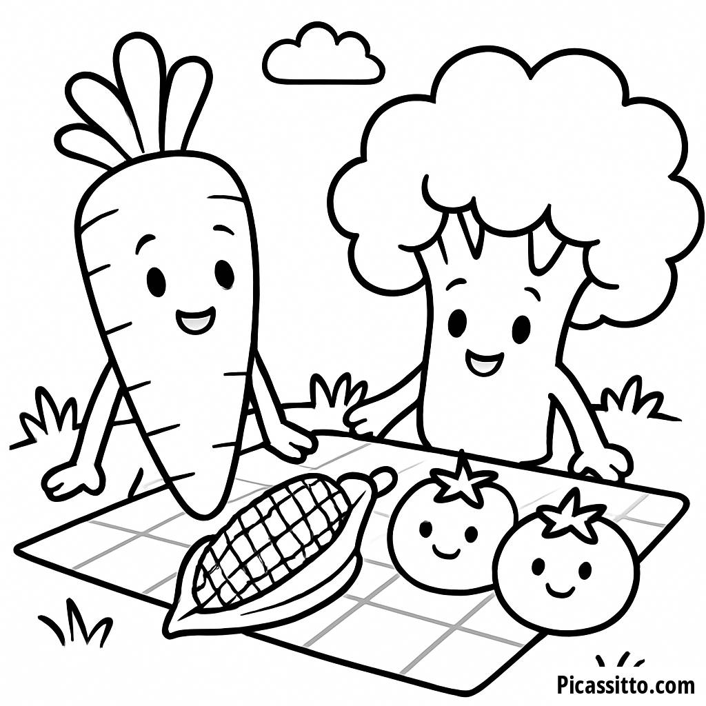 Friendly Carrot and Broccoli Picnic Coloring Page