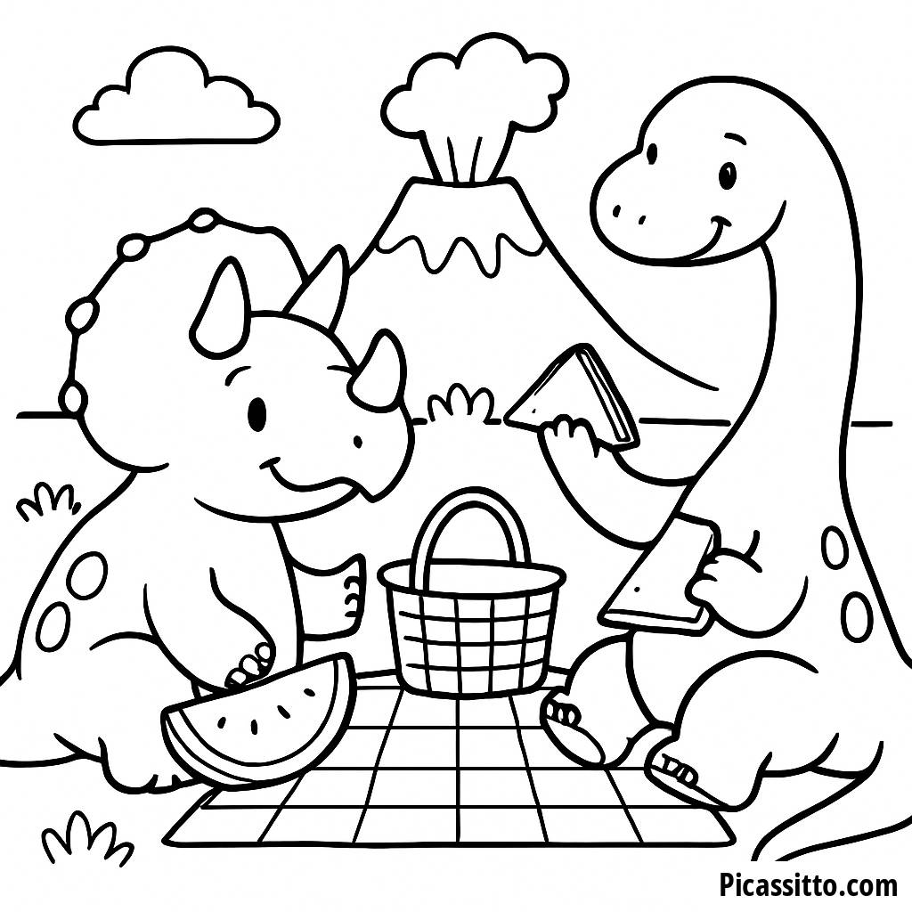 Página para Colorir: Piquenique dos Dinossauros Amigáveis