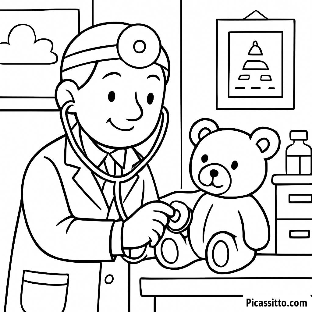 Página para Colorear de un Médico Amistoso - Examen del Oso de Peluche