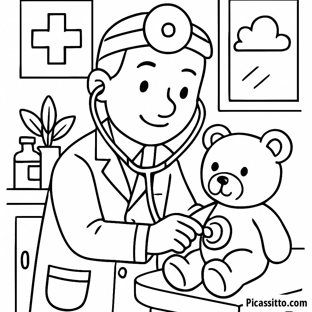Pagina da Colorare del Dottore Amichevole con l'Orsetto