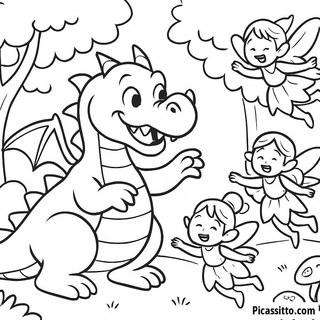 Página para Colorear de Dragón Amigable y Hadas Amigas