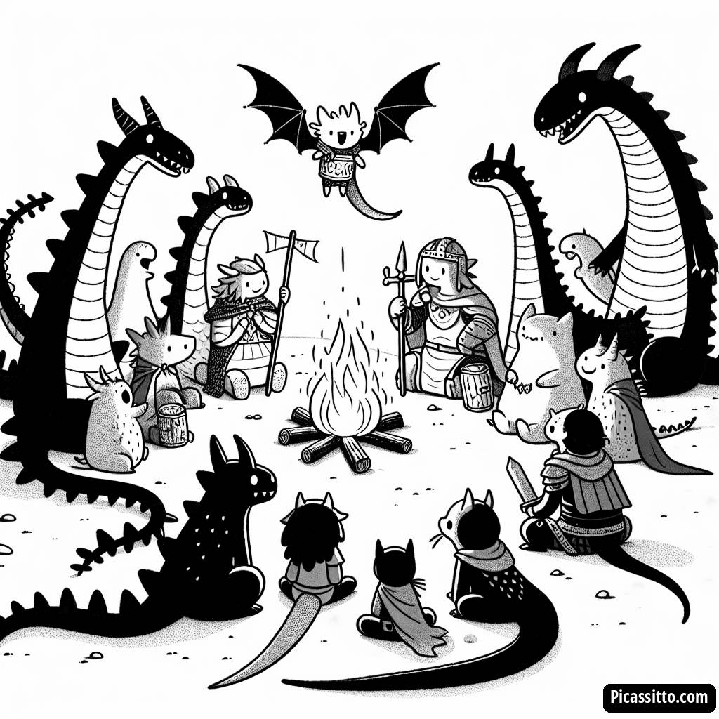 Freundliche Drachen und Krieger Lagerfeuer Malvorlage