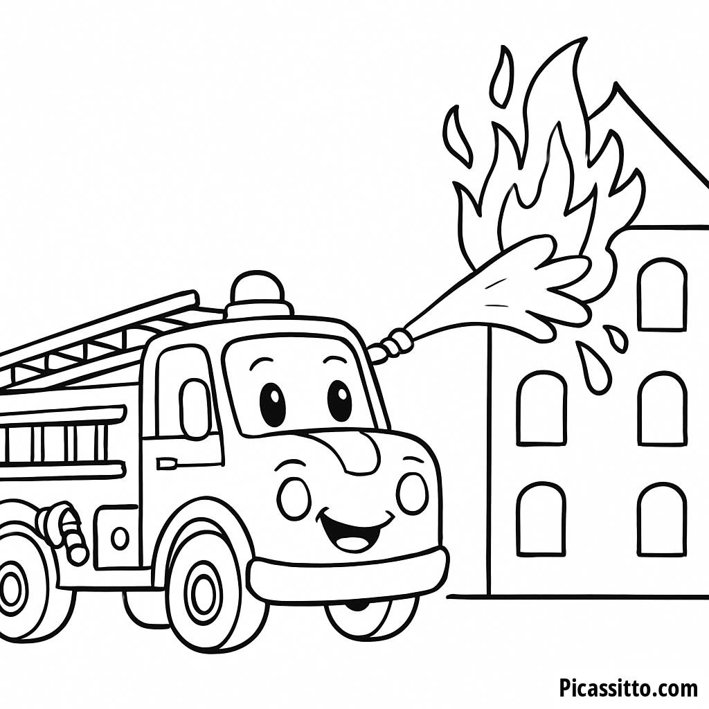 Página para Colorir do Caminhão de Bombeiros Amigável