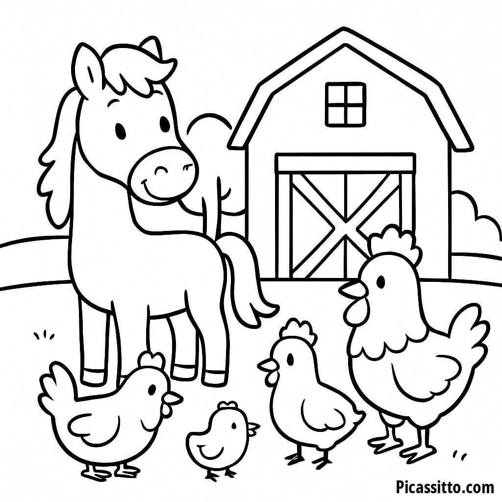Página para Colorir de Cavalo Amigável e Galinhas Tagarelas