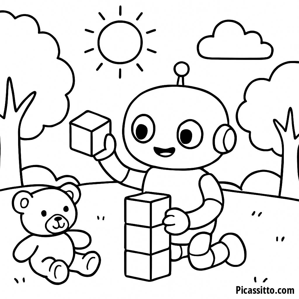 Ausmalbild: Freundlicher Roboter Baut Türme mit Bausteinen