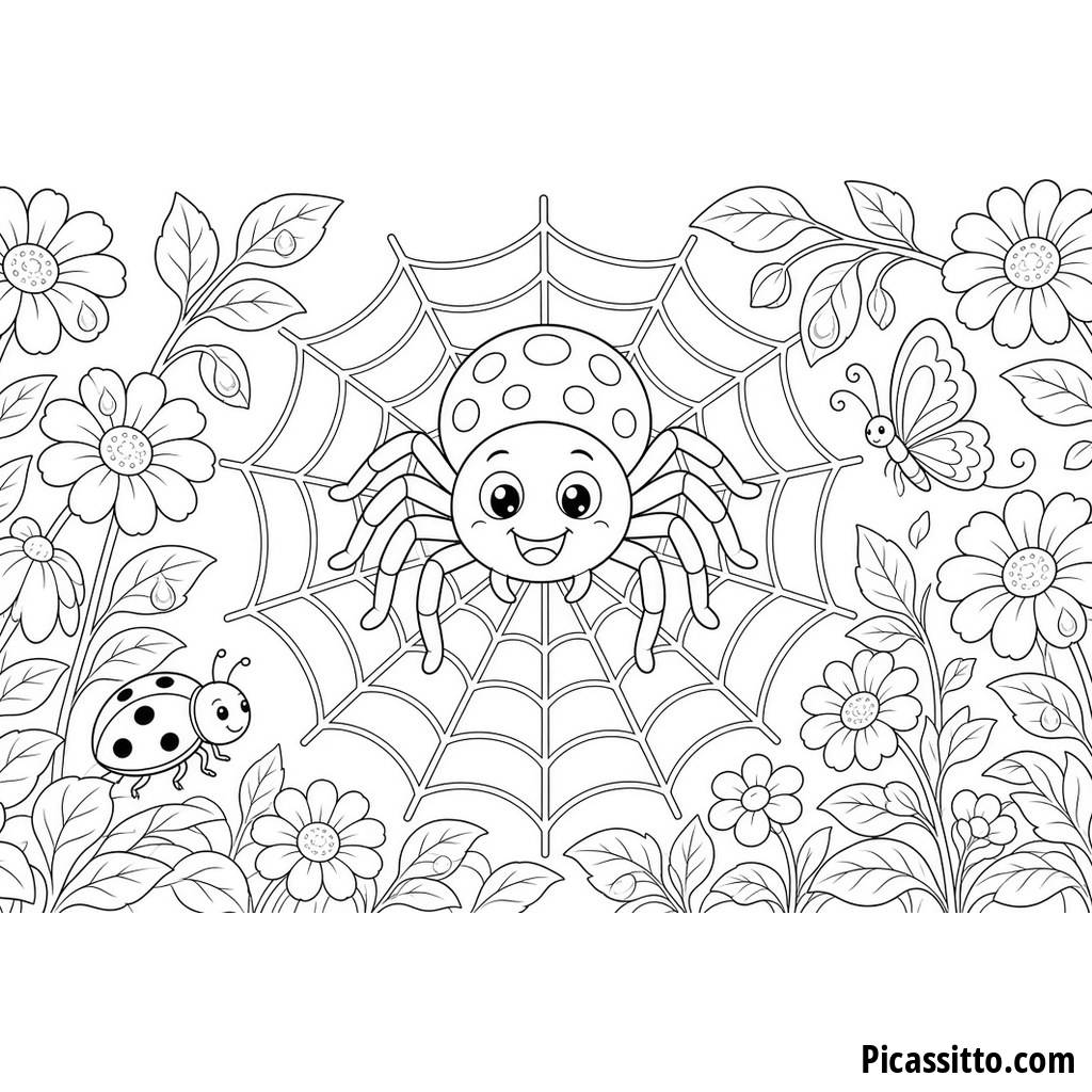 Friendly Spider in a Flower Garden Coloring Page