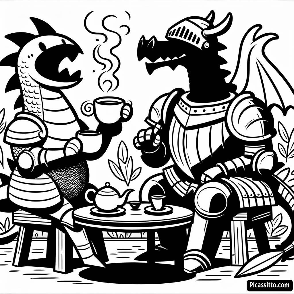 Página para Colorear de un Dragón Juguetón y un Caballero en una Amistosa Fiesta del Té
