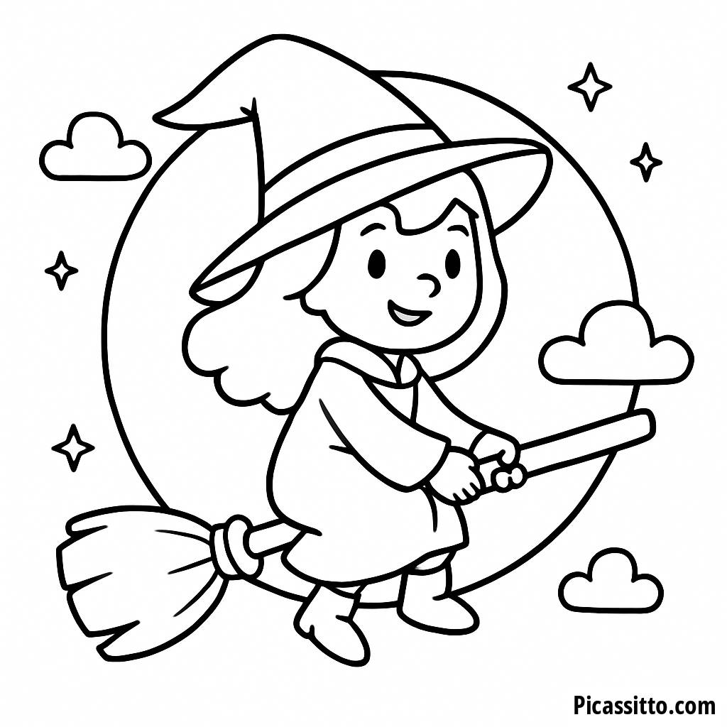 Página para Colorear: Bruja Amigable Volando en Su Escoba