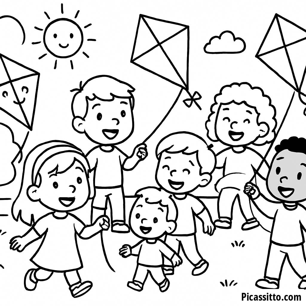 Friends Flying Kites Coloring Page