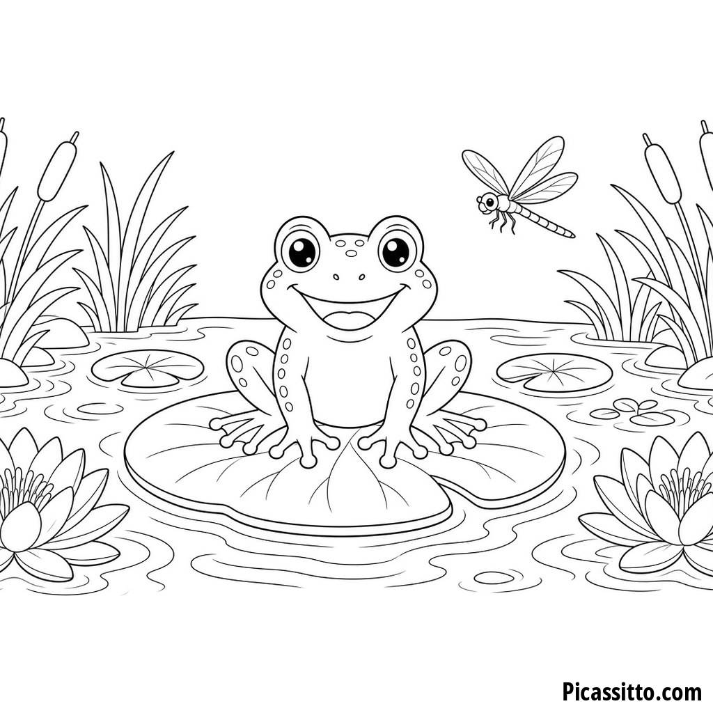 Happy Frog on a Lily Pad Coloring Page