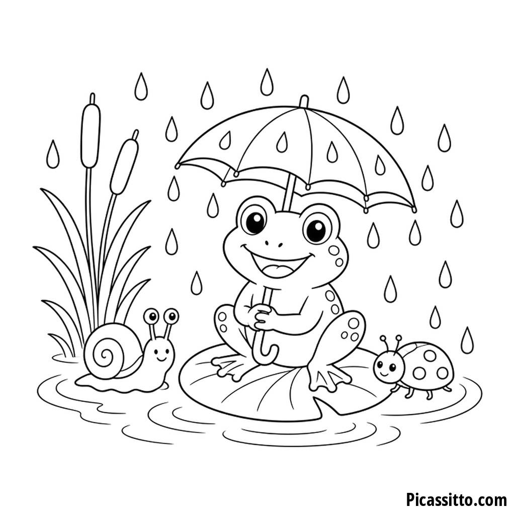 Frog under an Umbrella Coloring Page