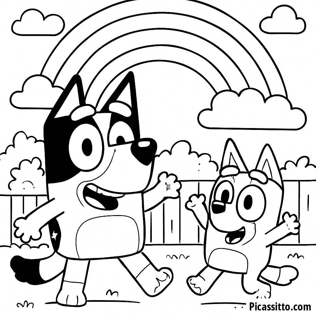 Spaßiges Gartenabenteuer: Ausmalbild von Bluey und Bingo
