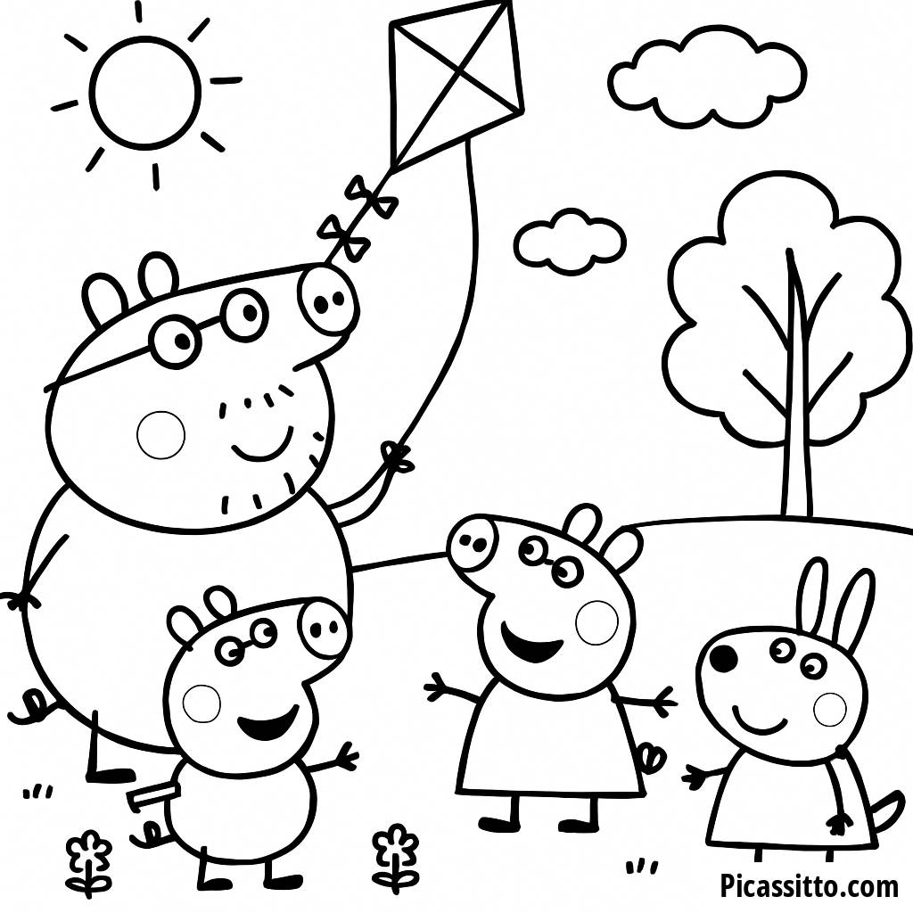 Divertente Pagina da Colorare di Papà Pig che Fa Volare un Aquilone