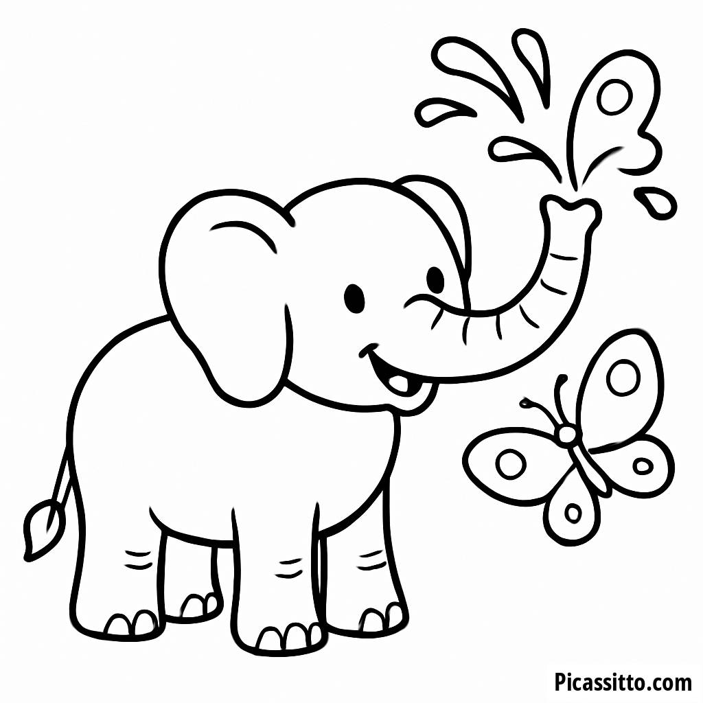 Spaßige Ausmalbild von einem Elefanten, der Wasser Sprüht