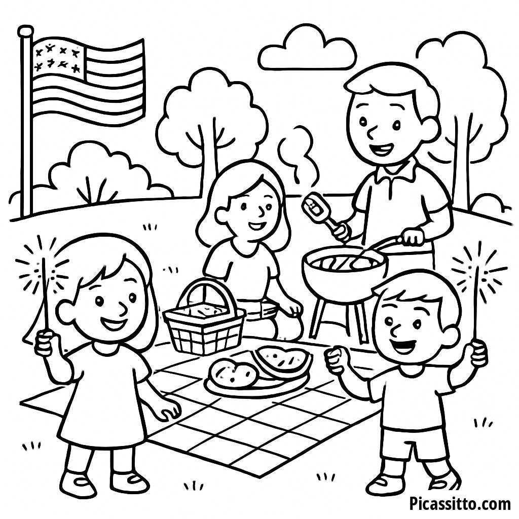 Pagina da Colorare di un Divertente Picnic Familiare
