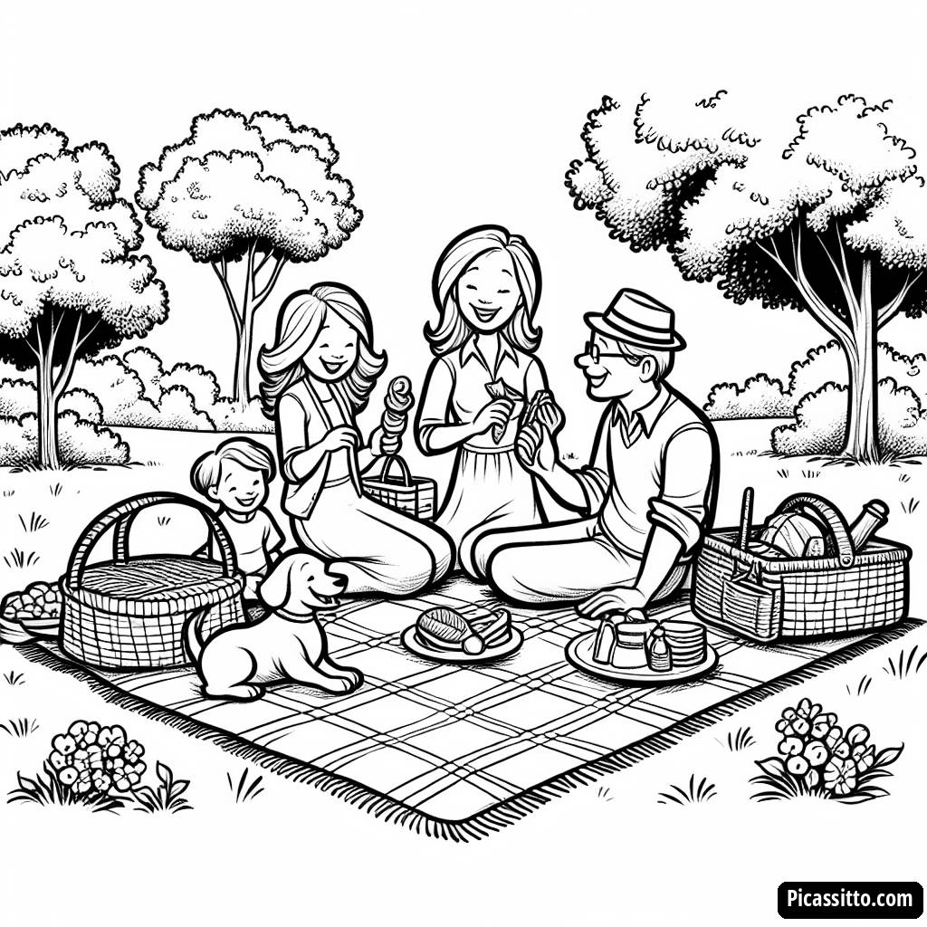 Página para Colorir de um Divertido Picnic em Família