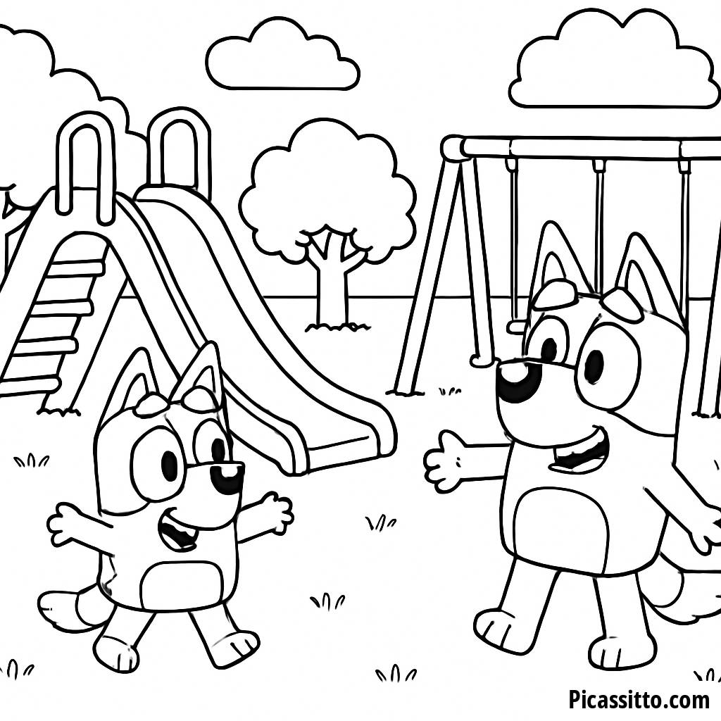 Spaß im Park: Ausmalbild von Bluey und Bingo
