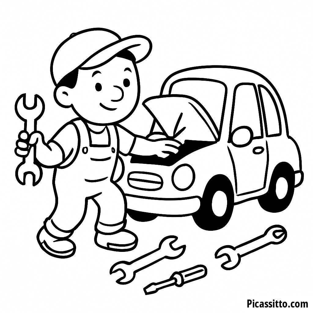 Spaßige Malvorlage: Mechaniker Repariert ein Buntes Auto!