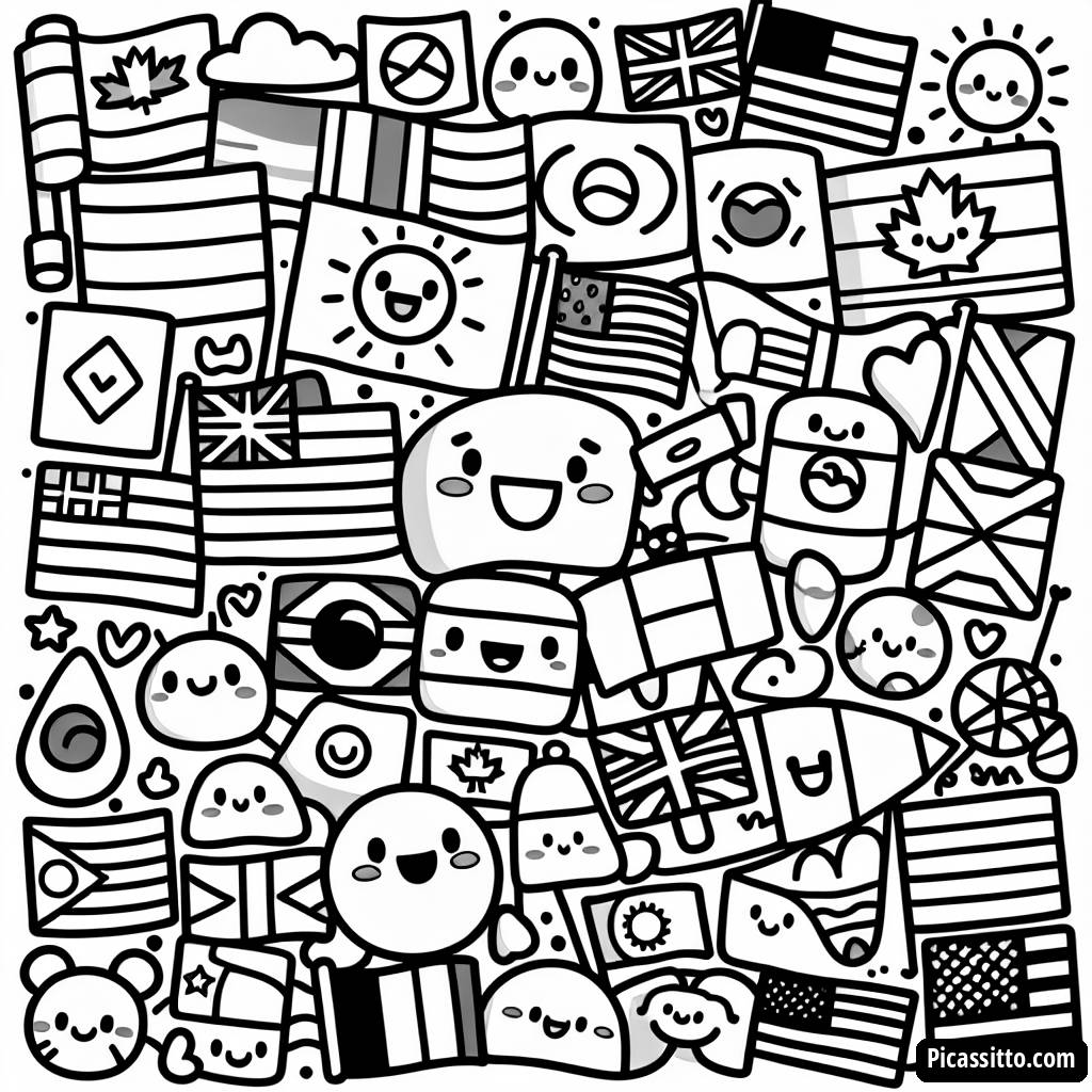 Pagina da Colorare Divertente con Bandiera Nazionali