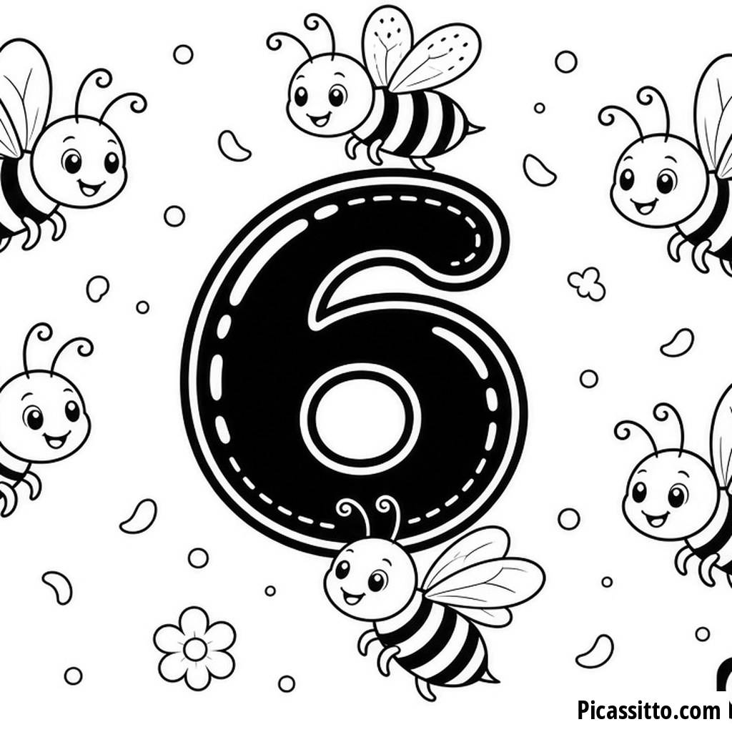 Pagina da colorare Numero 6 divertente con api