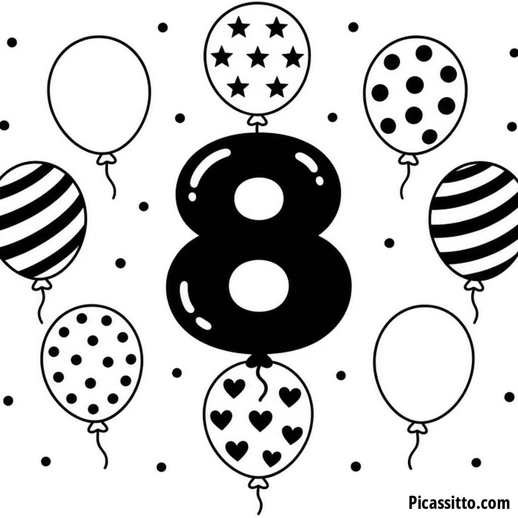 Pagina da colorare Numero 8 divertente con palloncini
