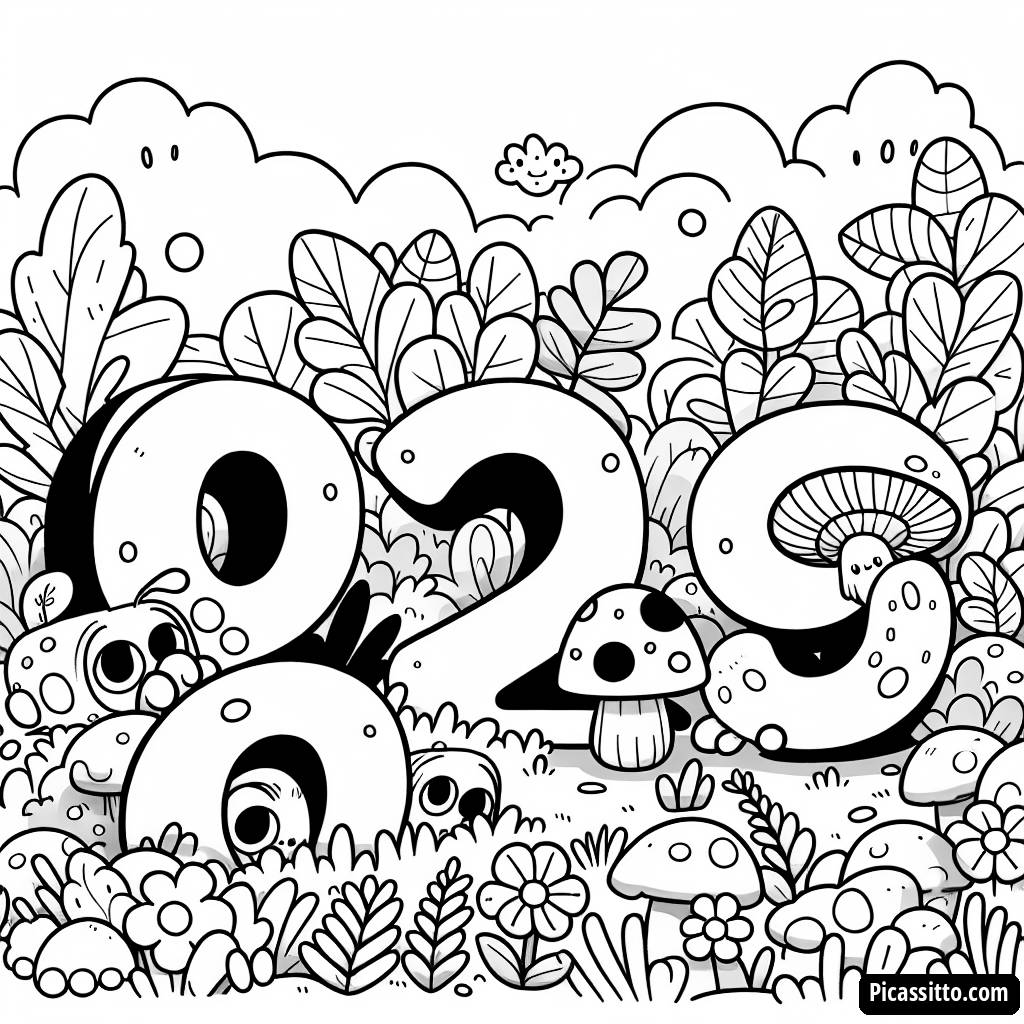 Fun Numbers Coloring Page: Playful Characters 0-9 in a Garden!