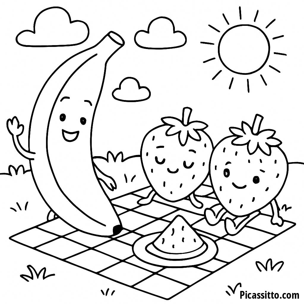 Spaßiger Picknick Malbogen mit Banane und Erdbeeren