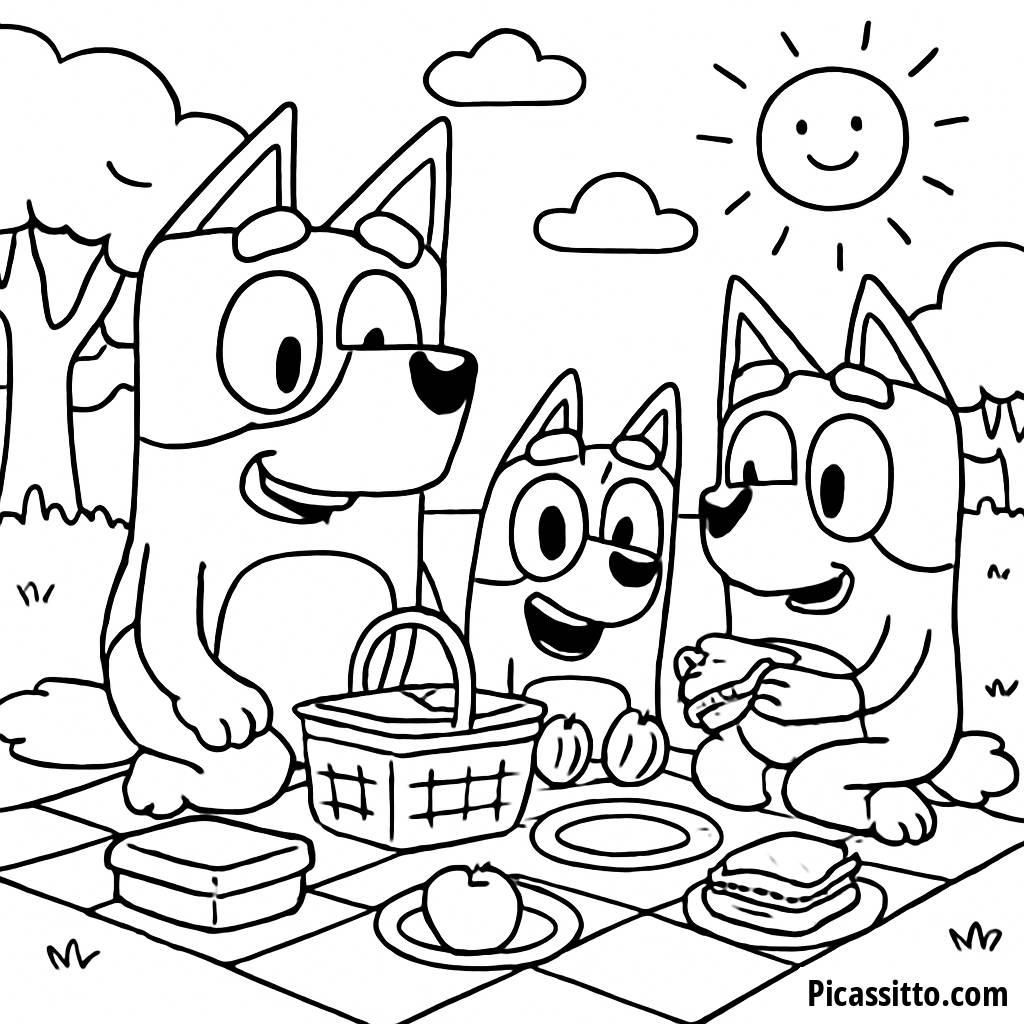 Lustige Picknick-Ausmalbild mit Bandit, Chilli, Bluey und Bingo!