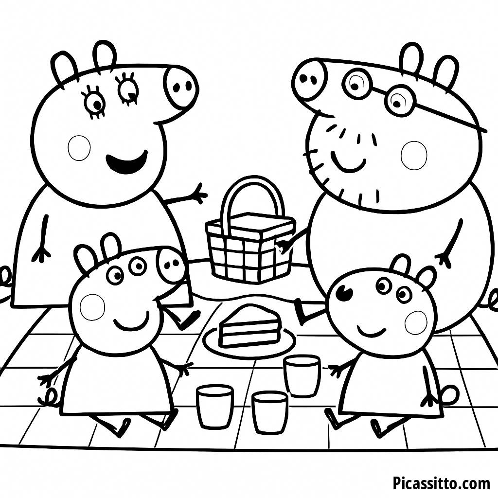 Página para Colorear de un Divertido Picnic con Mamá Pig, Papá Pig, Peppa y Amigos