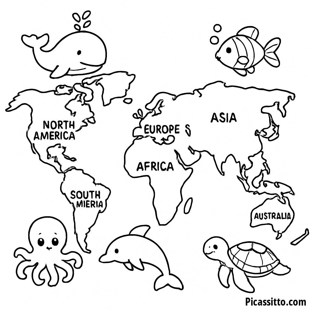 Página para Colorear Mapa del Mundo Divertido para Niños