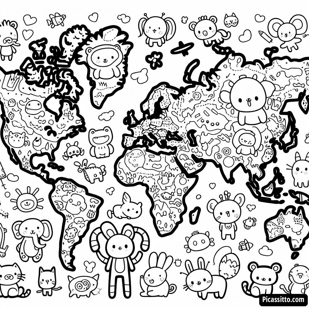 Pagina da Colorare della Mappa del Mondo Divertente