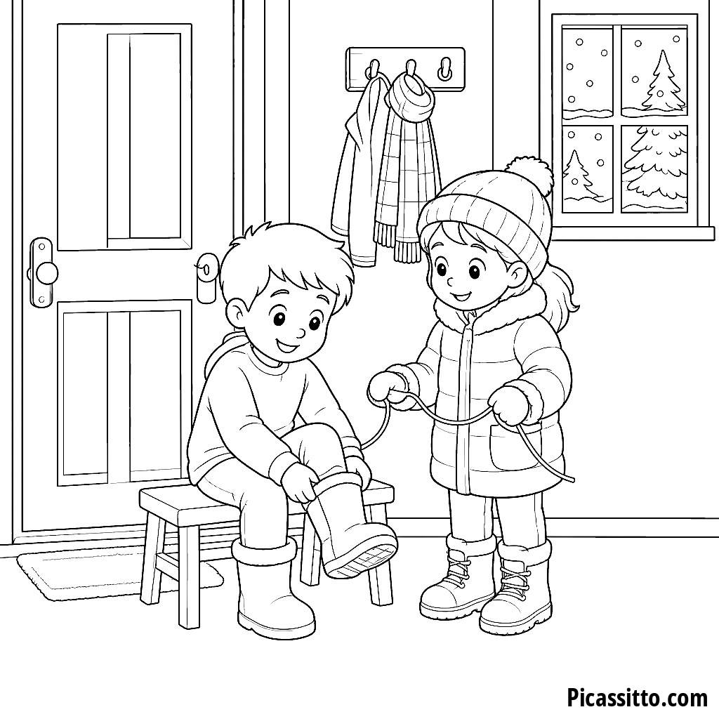 Kids Getting Dressed for Snow Coloring Page