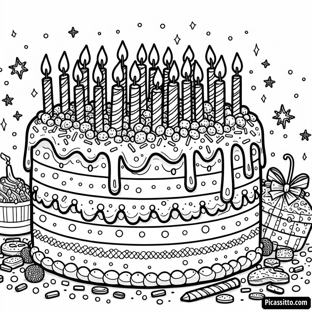 Página para Colorear de un Gran Pastel de Cumpleaños