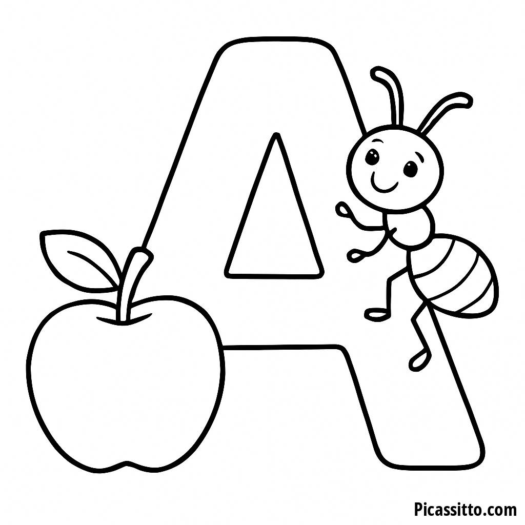 Page à Colorier de la Grande Lettre 'A' avec Pomme et Fourmi