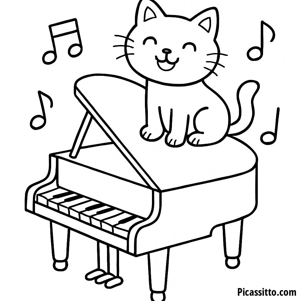 Ausmalbild eines Grandpianos mit tanzenden Noten und einer glücklichen Katze